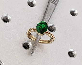 Solid Gold Green Lab Emerald Wedding Anniversary Matching Diamond Eternity Ring set for Wife | Knife Edge Thin Bridal Band | Unique Jewelry