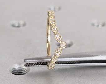 14k Gold Curved Matching Ring, Moissanite and Diamond Wedding Band, Milgrain Stacking Ring, Art Deco Promise Ring, Anniversary Gift For Her