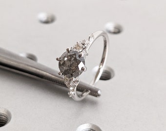 Conjunto de anillos de sal y pimienta, conjunto de anillos de diamantes hechos a mano, racimo de ventisqueros, anillo de bodas de seis puntas, anillo redondo de diamantes de sal y pimienta, Art Déco