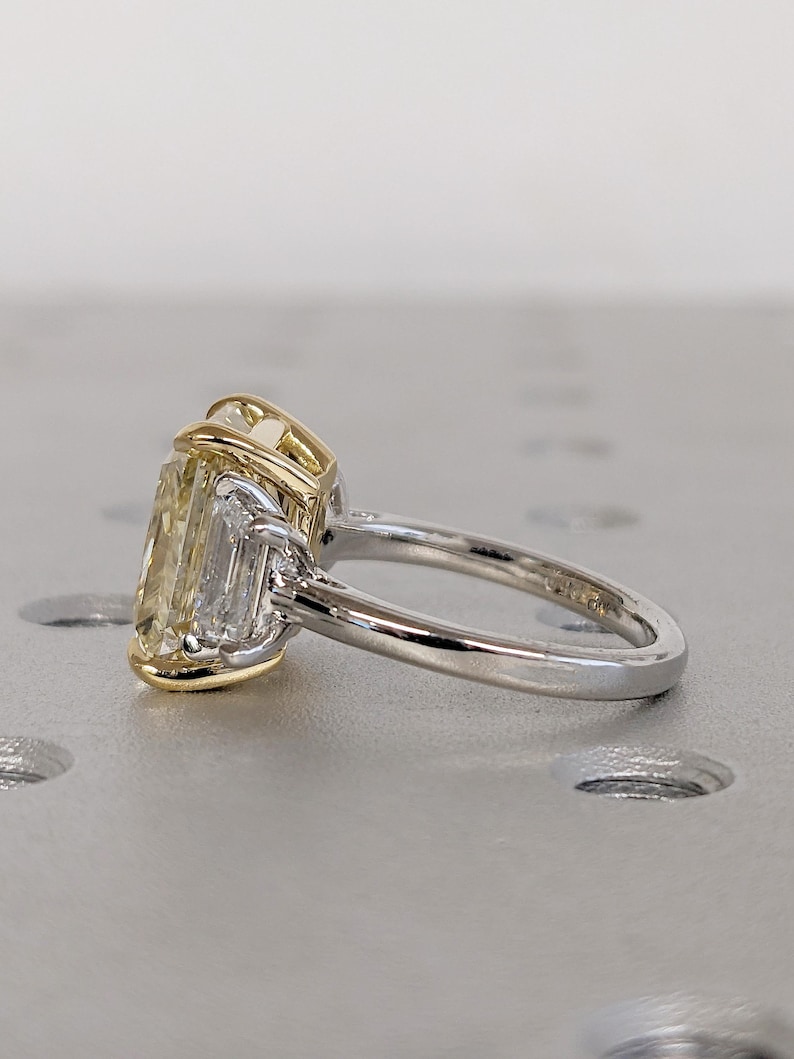 Fancy Yellow Lab Diamond Ring, Three Stone Engagement Ring, Two Tone Rings image 4