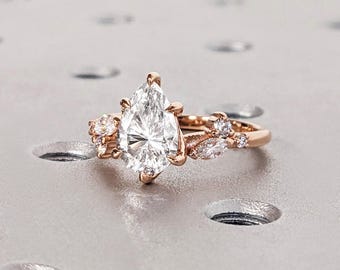 Gecertificeerde, in het lab gemaakte diamanten ring | 14k roségouden verlovingsring | Peer geslepen ring | Op de natuur geïnspireerde ring | Rustieke verlovingsring voor haar