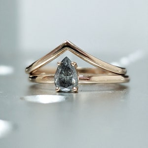 1920&#39;s Raw Salt and Pepper Diamond, Rose Cut Pear Diamond Ring, Unique Engagement, Black, Gray Pear, 14k Yellow, Rose, or White Gold
