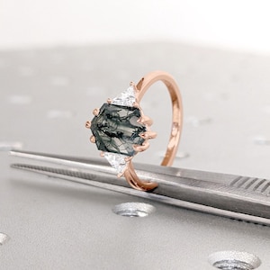 14k Rose Gold Rings for Women | 1ct Natural Moss Agate Gold Ring | Hexagon Engagement Ring | Nature Inspired Vintage Ring | Green Gemstone