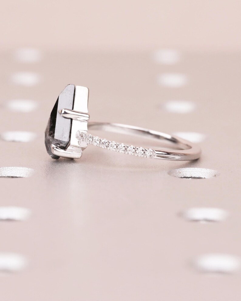 Puede incluir: Un anillo de plata con una gema oscura de forma irregular. La banda est&aacute; adornada con peque&ntilde;as piedras brillantes, a&ntilde;adiendo un toque de elegancia. El anillo se encuentra sobre un fondo suave y neutro.