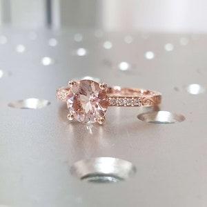14K Rose Gold Morganite & Diamond Engagement Ring - Vintage 3 Stone Bridal Ring (Size 9) - View #9