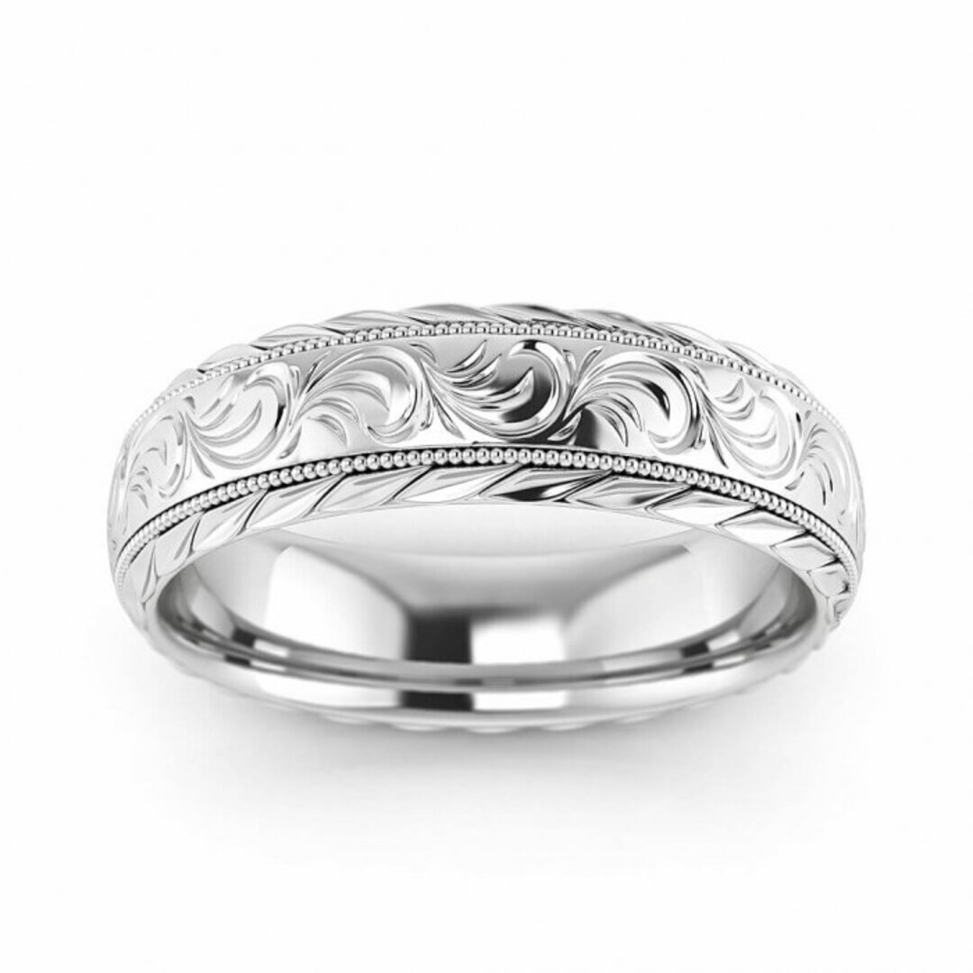 14k White Gold Flower Wedding Ring 5mm, Floral, Engraved, Milgrained, Beveled, 14K White Gold