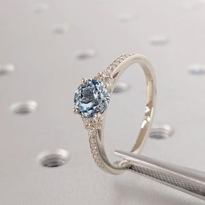 Solid Gold Aquamarine Something Blue Engagement Ring | Lab Grown Diamond Cluster Promise Ring | Round Aquamarine Wedding Ring, Gift for Wife