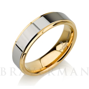 Anel de casamento de carboneto de tungstênio masculino 6 mm ouro amarelo 18k polido bordas chanfradas brilhantes ajuste confortável personalizado gravado