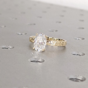 14K Yellow Gold Scrollwork Filigree Wedding Ring | IGI Diamond Solitaire Ring | Swirling Pattern Engraving Gold Band | Anniversary Ring Gift