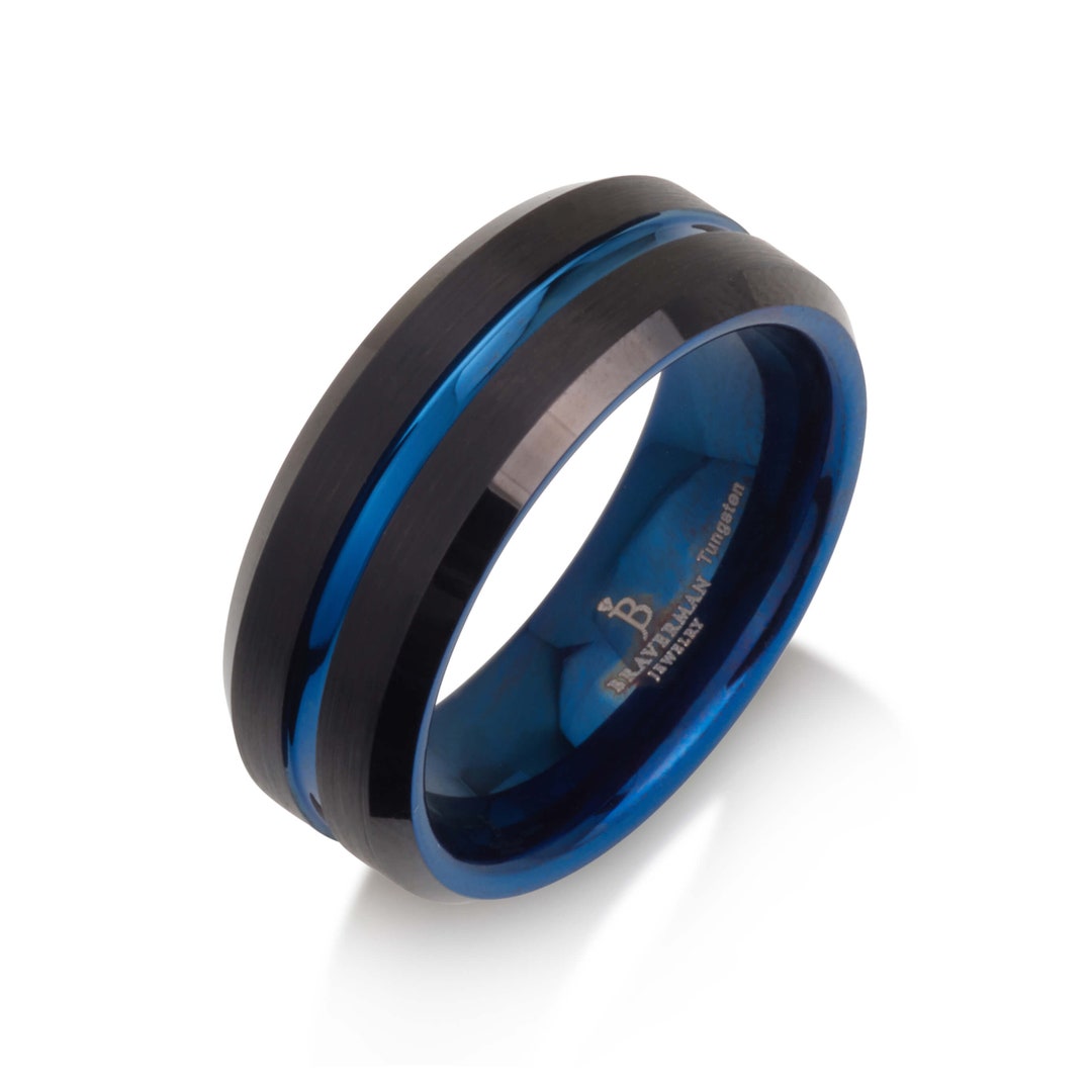 Blue Tungsten Wedding Band Gunmetal Tungsten Ring Men & - Etsy