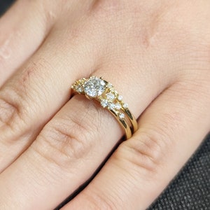 0.5ct Round Moissanite 14K Yellow Gold Engagement Ring | Unique Snowdrift 6 prong Moissanite Cluster Proposal Ring | Wedding Ring for Women