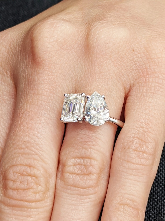 Unique Emerald and Heart 2-Stone Moissanite Engagement Ring - enr851-em-hrt  - MoissaniteCo.com