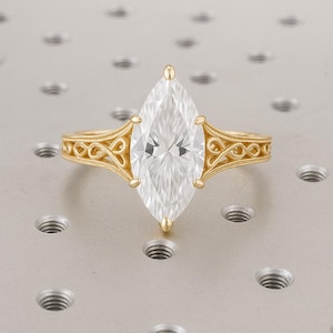 Marquise Cut Moissanite Ring | Solid Yellow Gold Marquise Cut Solitaire | Filigree Wedding Ring | 6 Prongs Anniversary Diamond Ring For Her