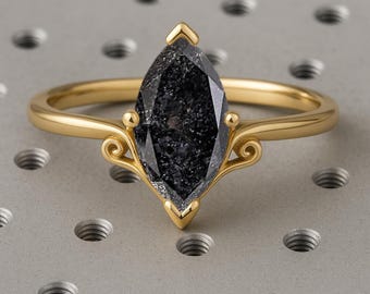 Marquise Salt and Pepper Diamond Ring, 14k Yellow Gold Vintage Filigree Engagement Ring, Unique Solitaire Rings, Alternative Bridal Jewelry