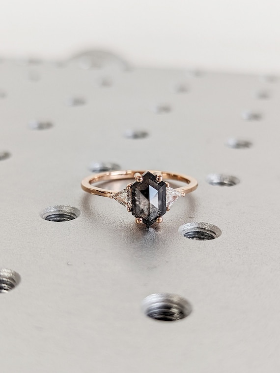Raw Diamond Hexagon Triangle Diamond, Salt and Pepper, Plain Unique Bridal Engagement Set, Rose Cut Geometric Diamond Ring, Custom Handmade