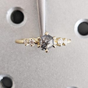 14k 18k Gold Rings for Women | Unique Natural Grey Diamond Thin Engagement Ring | Salt and Pepper Galaxy Diamond Ring | Hexagon cut Ring