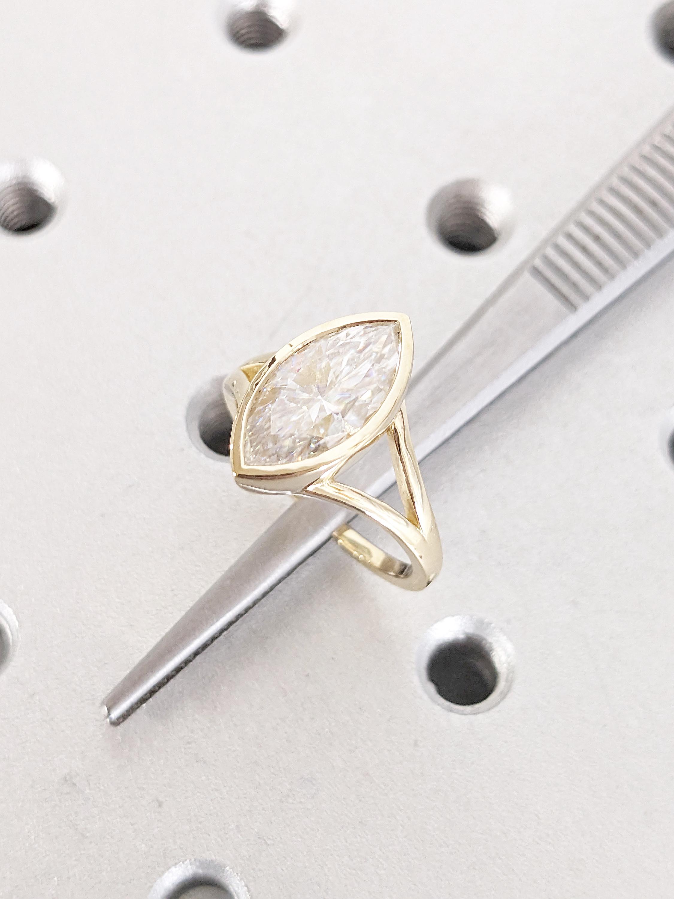 Marquise Cut Lab Grown Diamond Engagement Ring | Unique 14k Yellow Gold Split Shank Ring | Bezel Set Diamond Ring | Wedding Anniversary Gift