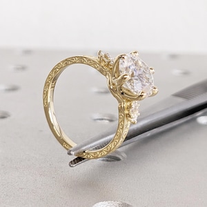 Round Lab Grown Diamond Engagement Ring, Filigree 14k Yellow Gold Ring, Marquise Cut Diamond Ring, Promise Rings for Women, Anniversary Gift