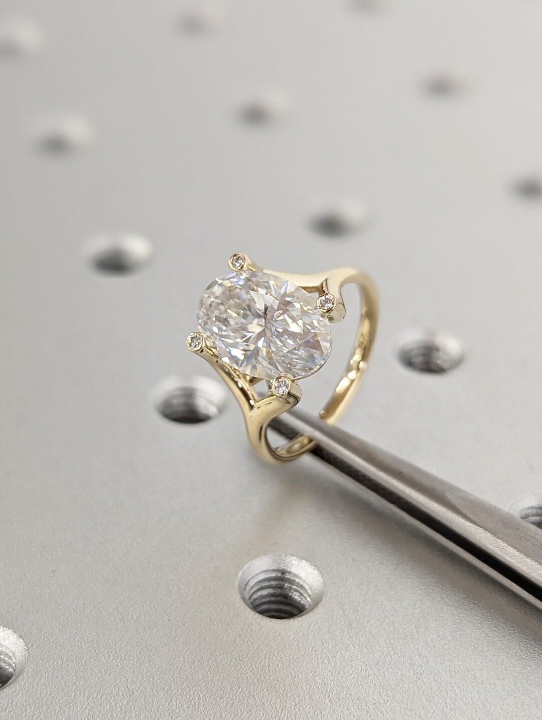3ct Oval Moissanite Split Shank Engagement Ring | 14K Yellow Gold Bezel ...