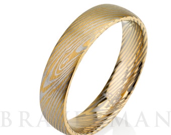 Yellow Gold Mokume Gane Tungsten - Forged Ring- Mokume Band - Damascus Ring- Two Color Mokume- Mokume Wedding Bands - Mokumegane