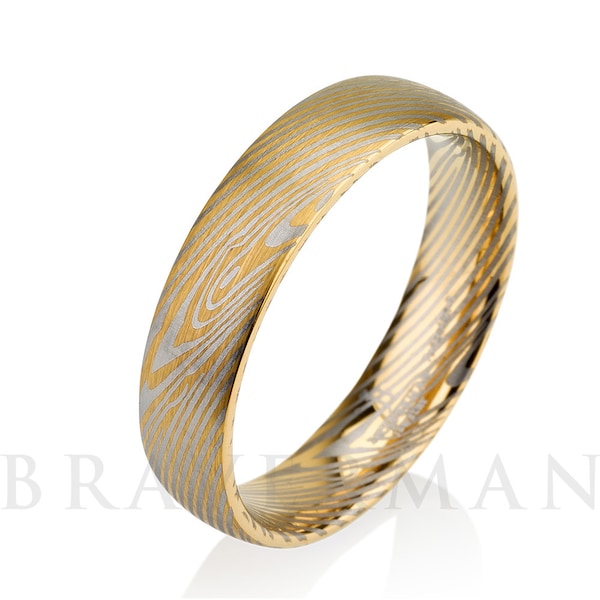 Yellow Gold Mokume Gane Tungsten - Forged Ring- Mokume Band - Damascus Ring- Two Color Mokume- Mokume Wedding Bands - Mokumegane