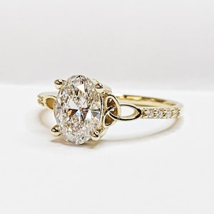 14K Celtic Knot Engagement Ring Oval Solitaire Moissanite Ring, Yellow Gold Trinity Knot Ring Triquetra Ring Irish Ring Vintage Promise Ring