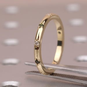Tourmaline & Diamond Wedding Bands for Women | 14k Gold Unique Wedding Rings | Starburst Ring Celestial Jewelry | Anniversary Gift