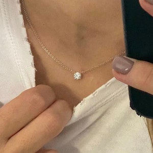 Attached Diamond on Chain, 14K Gold Diamond Necklace, Lab Grown Diamond Solitaire Necklace, Bridesmaid Necklace, Floating Diamond Solitaire
