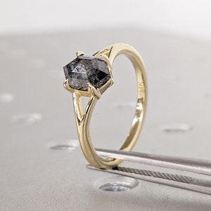 Hexagon Cut Salt and Pepper Diamond Ring, Dainty 14k Yellow Gold Solitaire Engagement Ring, Promise Rings for Women, Unique Statement Ring
