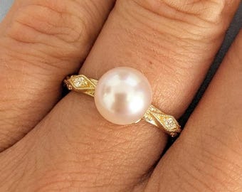 14k Gold Akoya Pearl Ring, Unique Engagement Ring, Diamond Accents