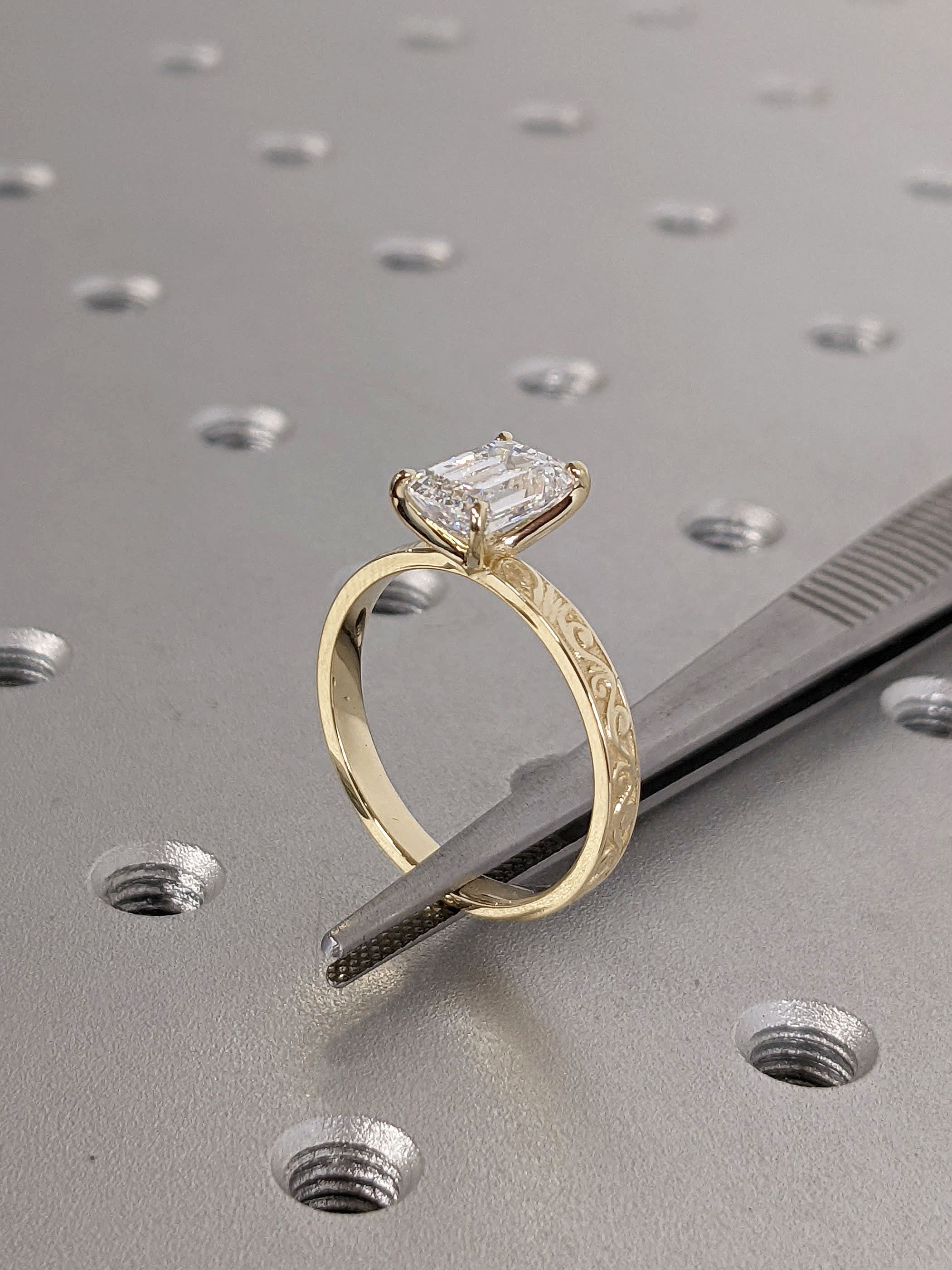 Emerald cut Lab Grown Diamond Vintage Solitaire Engagement Ring | 14K Yellow Gold Filigree Engraving Women Wedding Ring | Bridal Jewelry