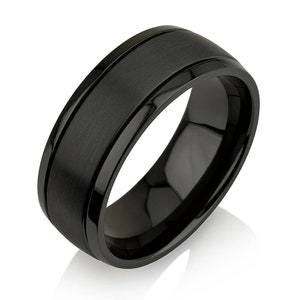 Black Zirconium Men Wedding Band Rounded Black Zirconium Ring, Black Zirconium Wedding Band, Men&#39;s Wedding Band - 8mm, Brushed and Polished