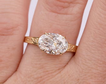 Oval Cut Moissanite Engagement Ring, 18K Yellow Gold, Vintage Inspired Filigree Band, Art Deco Wedding Jewelry