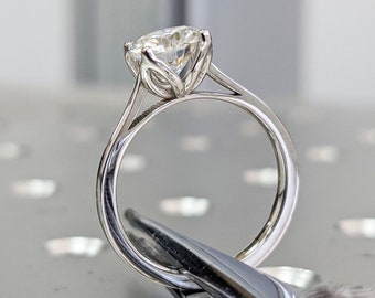6/6.5/7mm Round Moissanite Tulip Solitaire Ring, White Gold