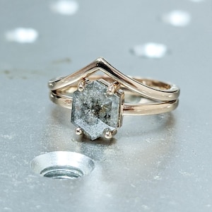 Raw Diamond, Salt and Pepper, Hexagon, Unique Engagement Ring, Rose Cut Geometric Diamond Ring, 14k Gold, Custom Handmade image 5