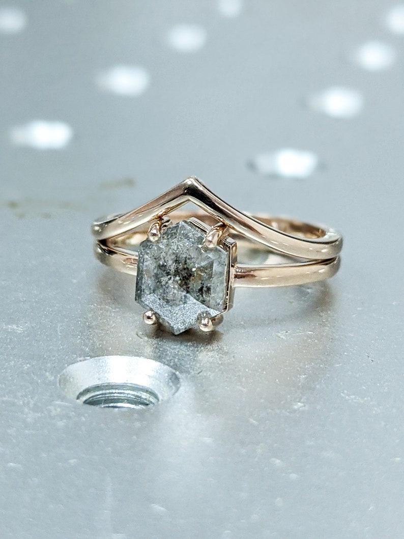 Raw Diamond, Salt and Pepper, Hexagon, Unique Engagement Ring, Rose Cut Geometric Diamond Ring, 14k Gold, Custom Handmade image 5