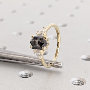 Unique Salt and Pepper Diamond Engagement Ring | Dainty Hexagon Cut 14k Yellow Gold Ring | Vintage Diamond Ring | Anniversary Gift for Wife