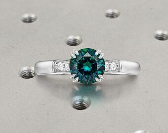 0.5ct Natural Teal Sapphire Ring | 14k White Gold Engagement Ring | Cathedral Setting Round Sapphire Wedding Anniversary Ring, Gift for Wife