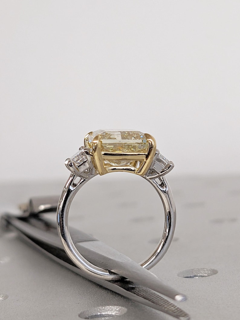 Fancy Yellow Lab Diamond Ring, Three Stone Engagement Ring, Two Tone Rings image 5