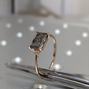 1.5ct Emerald Baguette Raw Salt and Pepper Diamond Gold Engagement Ring Art Deco 1920's Inspired Thin Petite Band 14k Unique Ring for Her