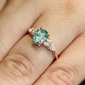 Pear Cut Green Sapphire Engagement Ring | Unique Green Sapphire and Diamond Cluster Ring | Wedding Bridal Ring | 14k/18k Rose Gold Ring