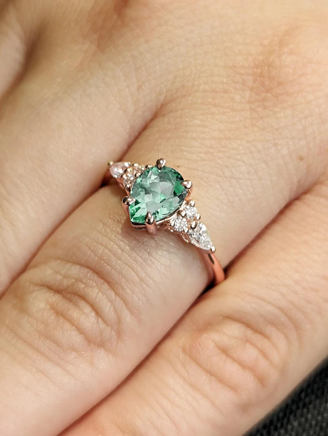 Pear Cut Green Sapphire Engagement Ring | Unique Green Sapphire and Diamond Cluster Ring | Wedding Bridal Ring | 14k/18k Rose Gold Ring