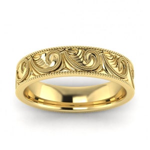 Gold Unique Engraved Wedding Ring, Art Deco Scroll Style Wedding Band ...