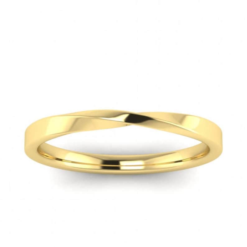 May include: A simple gold wedding band with a twisted design.
