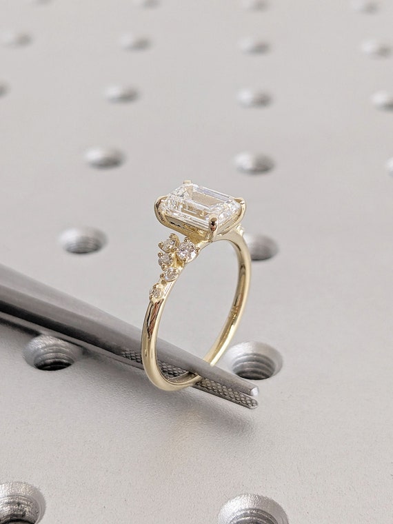 Emerald Cut Lab Grown Diamond | Snowdrift Prong Set | Cluster Stone Engagement Ring | CVD Diamond | 14K Solid Gold | Wedding Ring For Woman