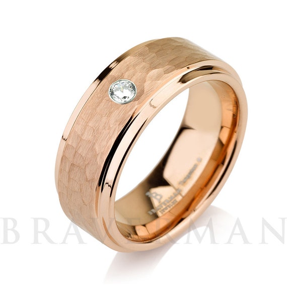 8mm 14k Rose Gold Hammered Mens Wedding Band High Polish Point No Point Studio