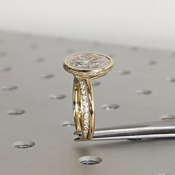 4ct Oval Lab Diamond Solitaire Bridal Ring Set | 14K Yellow Gold Diamond Hidden Halo Wedding Anniversary Ring | Custom Eternity Ring for Her