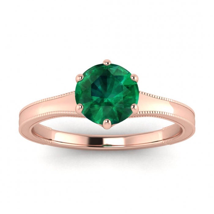 Rose Gold Milgrained Emerald Engagement Ring Milgrained Band | Etsy