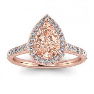 14k Rose Gold Tear of Joy Pear Halo Pear Morganite and Diamond Ring ...