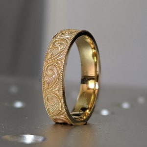 Gold Unique Engraved Wedding Ring, Art Deco Scroll Style Wedding Band, Hand Milgrain Men's Gold Ring, New Vintage 5mm Flat Wedding Ring